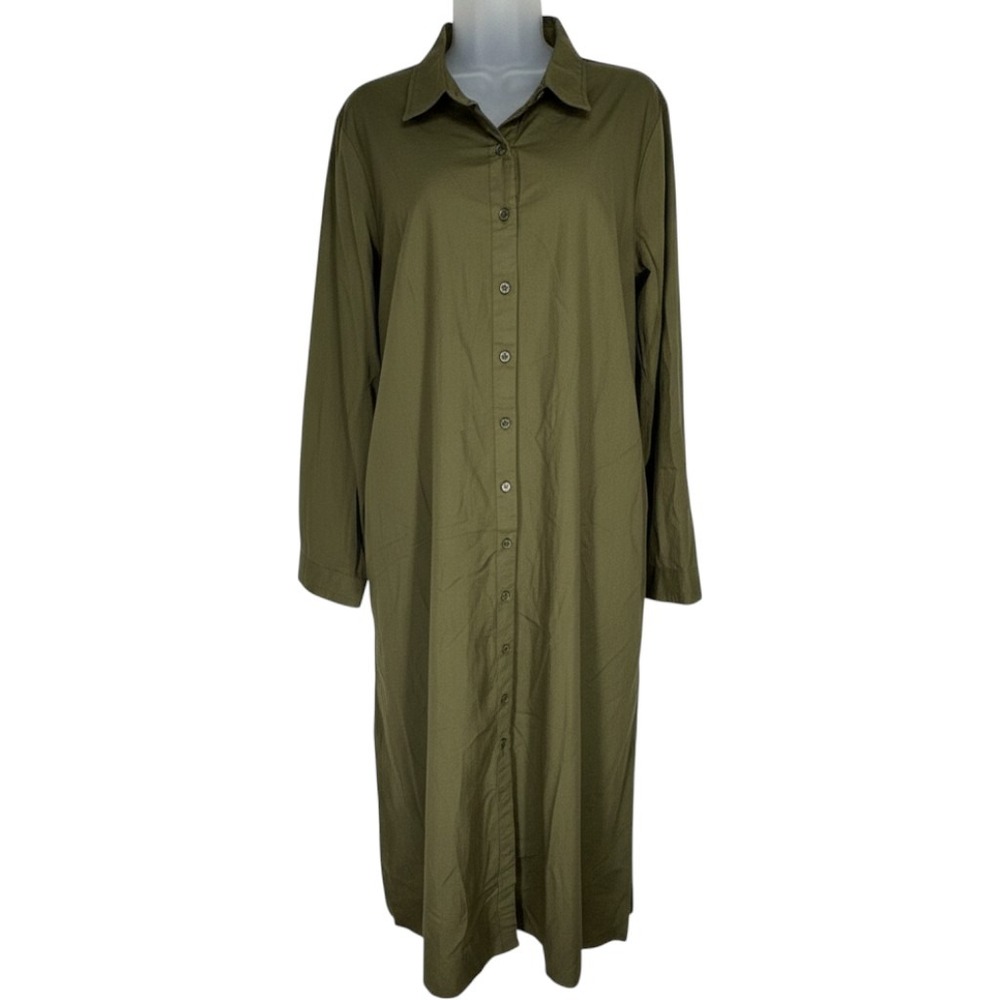 ChouYatou Womens Olive Green Cotton Maxi Shirt Dress Long Sleeve Button NEW L